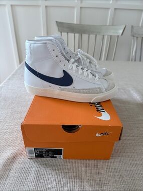 Nike White High-Top Sneakers with Navy Swoosh